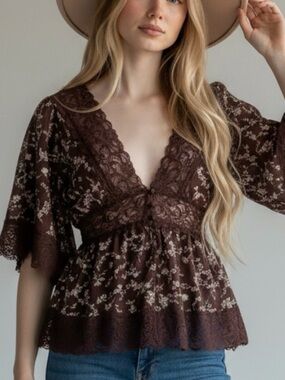 NWT - ZENOBIA PLUS SIZE Deep Brown Lace Floral Blouse